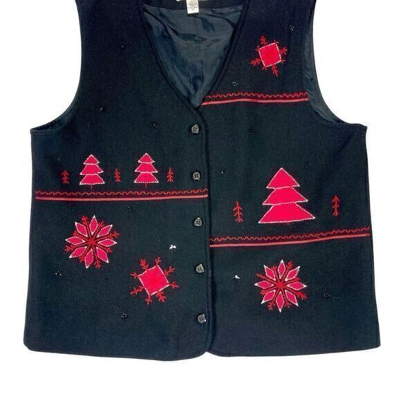 Talbots Holiday Vest Womens Large Black Red Wool Appliqué Embroidered Christmas - Picture 3 of 11